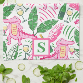 Preppy Alligator Wine Roze Groen Monogram Theedoek