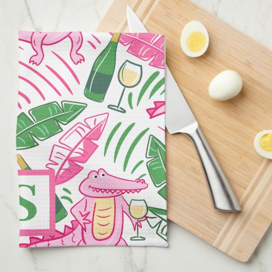 Preppy Alligator Wine Roze Groen Monogram Theedoek (Quarter Fold)