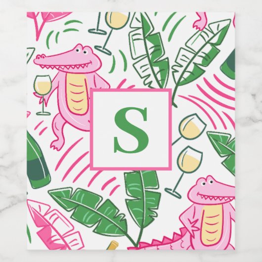 Preppy Alligator Wine Roze Groen Monogram Wijn Etiket (Enkel label)