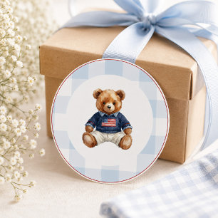 Preppy Americana Teddybeer Blauw Gingham Jongen Ronde Sticker