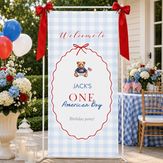 Preppy Amerikaanse Teddydbeer Blauw Gingham Jongen Spandoek