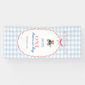 Preppy Amerikaanse Teddydbeer Blauw Gingham Jongen Spandoek (Horizontaal)