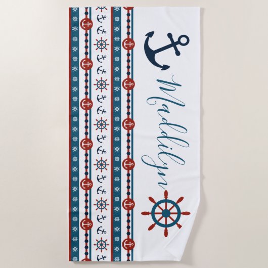 Preppy Anchor Personalized Name Beach Towel Strandlaken (Voorkant)