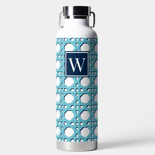 Preppy Aqua Blauwe Riet Rotan Lattice Monogram Waterfles (Voorkant)