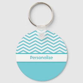 Preppy Aqua Blue en White Chevrons met naam Sleutelhanger