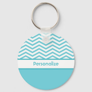 Preppy Aqua Blue en White Chevrons met naam Sleutelhanger