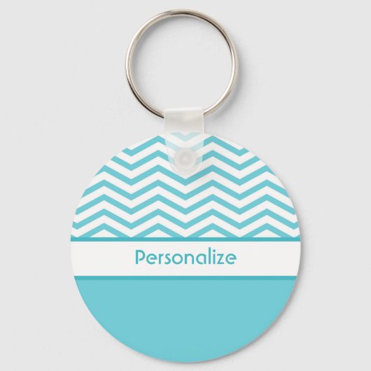 Preppy Aqua Blue en White Chevrons met naam Sleutelhanger (Voorkant)