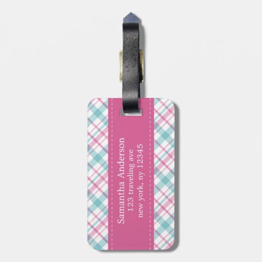 Preppy Aqua en Roze Patroon Bagagelabel (Achterkant verticaal)