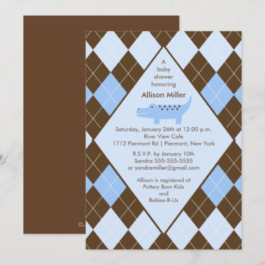 Preppy Argyle Alligator Boy Baby shower Uitnodigin Kaart (Voorkant / Achterkant)