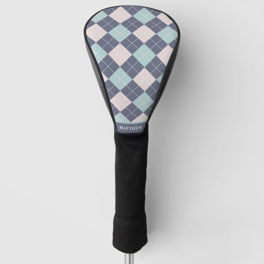Preppy Argyle Plaid Pink Turquoise Denim Blue Golfheadcover (Voorkant)