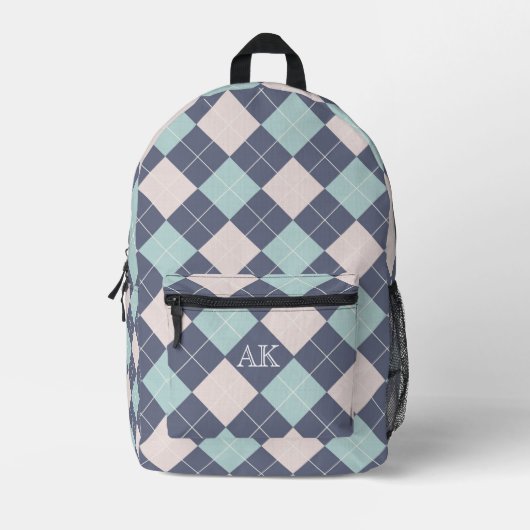 Preppy Argyle Plaid Roze Turquoise en Denim Blue Bedrukte Rugzak (Voorkant)