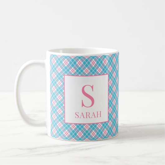 Preppy Argyle Roze Blauw Aangepaste Naam Koffiemok (Links)
