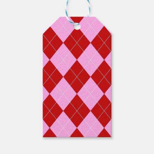 Preppy Argyle Tartan Diamond Plaid Rood Roze Cadeaulabel (Voorkant)