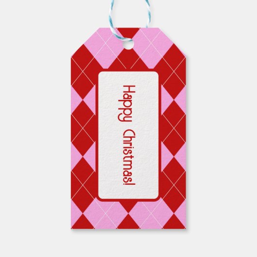 Preppy Argyle Tartan Diamond Plaid Rood Roze Cadeaulabel (Achterkant)