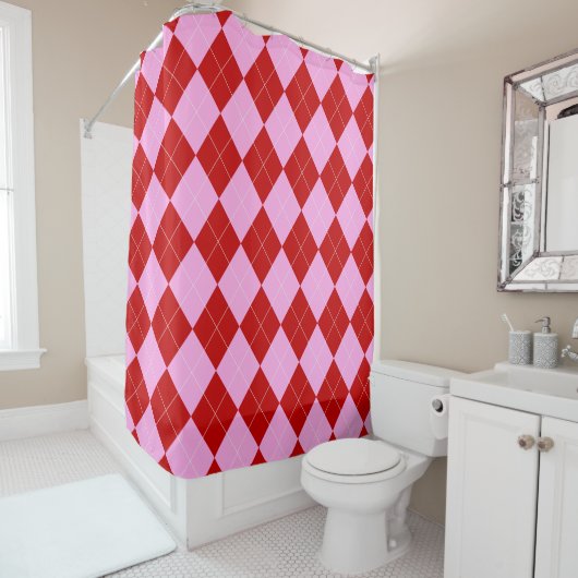 Preppy Argyle Tartan Diamond Plaid Rood Roze Douchegordijn (In situ)