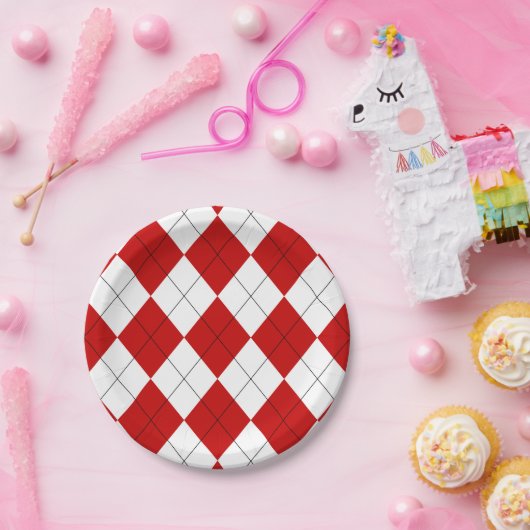 Preppy Argyle Tartan Diamond Plaid Rood Wit Papieren Bordje (Feest)