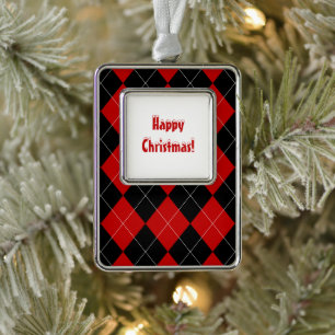 Preppy Argyle Tartan Diamond Plaid Rood Zwart Verzilverd Omlijst Ornament