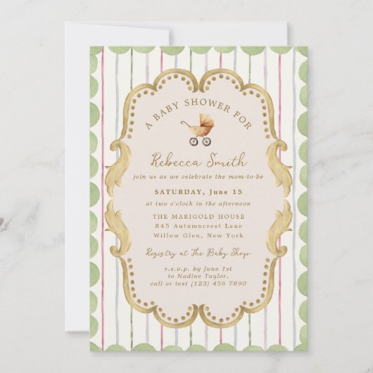 Preppy Baby Carriage Grandmillennial Baby Shower Kaart (Voorkant)