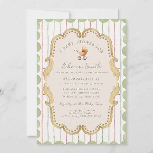 Preppy Baby Carriage Grandmillennial Baby Shower Kaart (Voorkant)