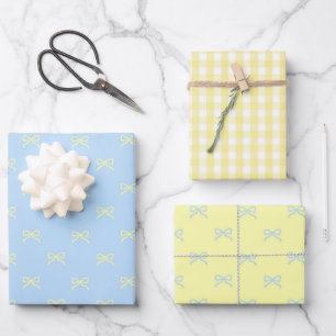 Preppy Baby Meisje Shower Blauwe Gele Strik Gingha Inpakpapier Vel