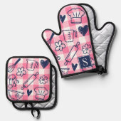 Preppy Baking Pink Gingham Ovenwant & Pannenlap Set (Voorkant / Achterkant)