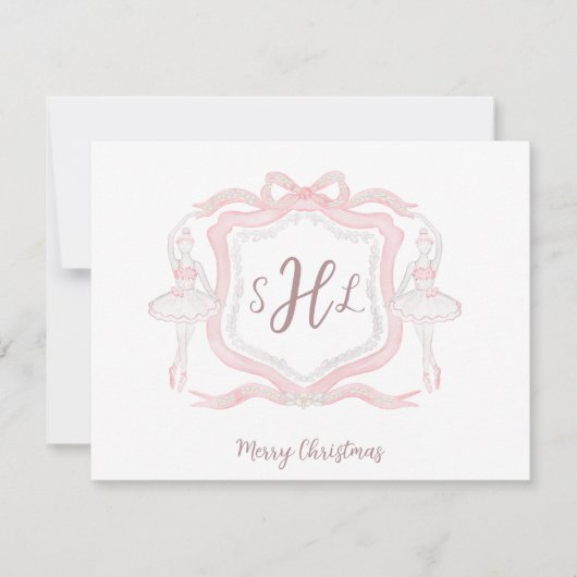 Preppy Ballet Monogram Foto Kerst Kaart Notitiekaartje (Voorkant)