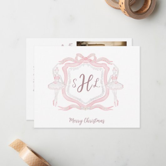 Preppy Ballet Monogram Foto Kerst Kaart Notitiekaartje (Voorkant / Achterkant in situ)