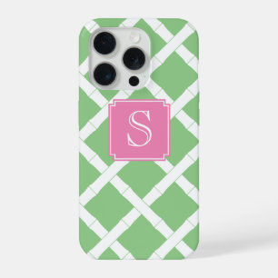Preppy Bamboe Trellis Patroon Appel Groen en Roze iPhone 15 Pro Case