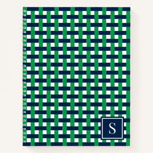 Preppy Basket Weave – Navy & Groen Monogram Notitieboek (Voorkant)