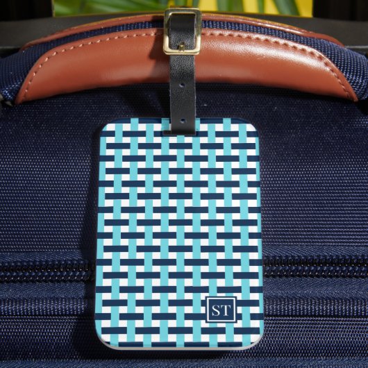 Preppy Basket Weave – Navy & Turquoise Monogram Bagagelabel (Voorkant Insitu 2)