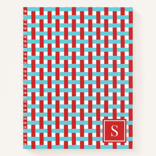 Preppy Basket Weave – Rode & Turquoise Monogram Notitieboek (Voorkant)