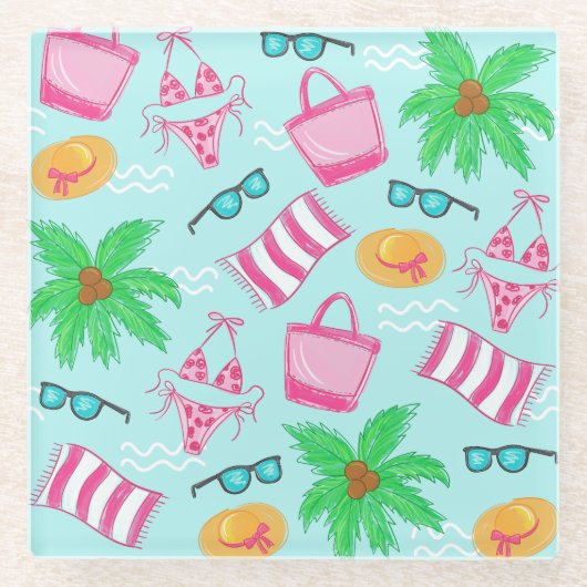 Preppy Beach Bikini Towel Palm Tree Bag Glazen Onderzetter (Voorkant)