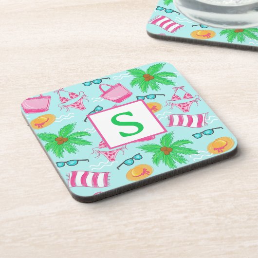 Preppy Beach Bikini Towel Palm Tree Initiaal Bier Onderzetter (Linkerzijde)