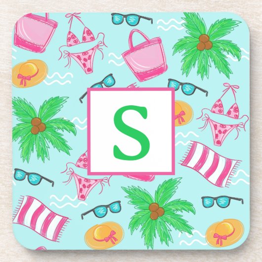 Preppy Beach Bikini Towel Palm Tree Initiaal Bier Onderzetter (Voorkant)