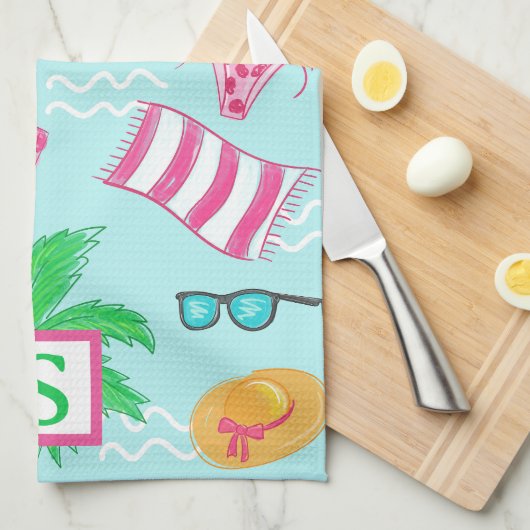Preppy Beach Palm Tree Monogram Blauw Theedoek (Quarter Fold)