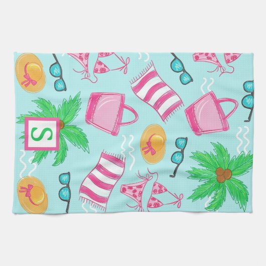 Preppy Beach Palm Tree Monogram Blauw Theedoek (Horizontaal)