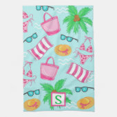 Preppy Beach Palm Tree Monogram Blauw Theedoek (Verticaal)