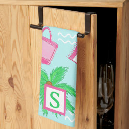 Preppy Beach Palm Tree Monogram Blauw Theedoek