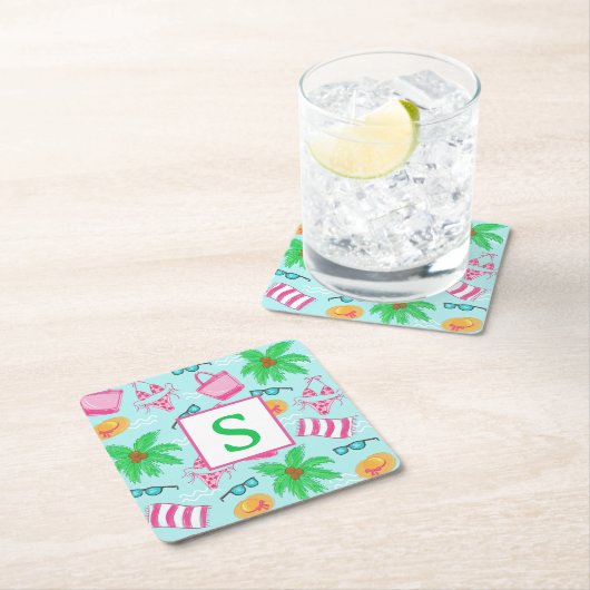 Preppy Beach Palm Trees Monogram Kartonnen Onderzetters (Insitu)
