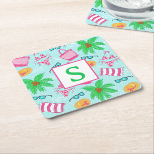 Preppy Beach Palm Trees Monogram Kartonnen Onderzetters