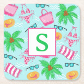 Preppy Beach Palm Trees Monogram Kartonnen Onderzetters (Voorkant)