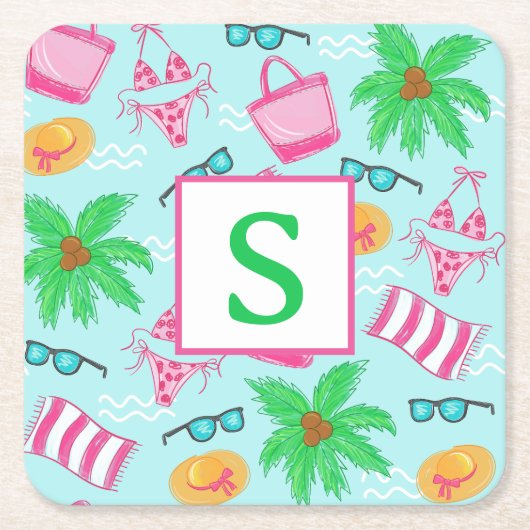Preppy Beach Palm Trees Monogram Kartonnen Onderzetters (Voorkant)