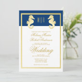 Preppy Beach Seahorse Navy Gold Wedding Kaart (Staand voorkant)