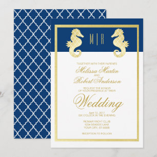 Preppy Beach Seahorse Navy Gold Wedding Kaart