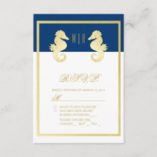 Preppy Beach Seahorse Navy Gold Wedding RSVP