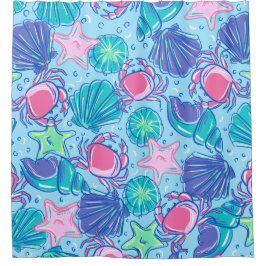 Preppy Beach Shell Krab Blue Douchegordijn