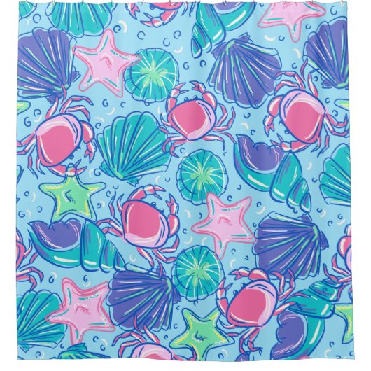 Preppy Beach Shell Krab Blue Douchegordijn (Voorkant)