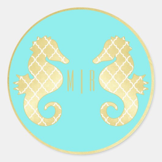Preppy Beach Zeepaardje Turquoise Gouden Bruiloft Ronde Sticker (Voorkant)