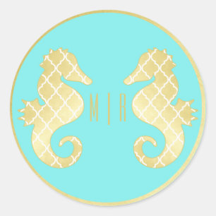 Preppy Beach Zeepaardje Turquoise Gouden Bruiloft Ronde Sticker