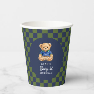 Preppy Beary 1st Birthday Checkboard Papieren Bekers